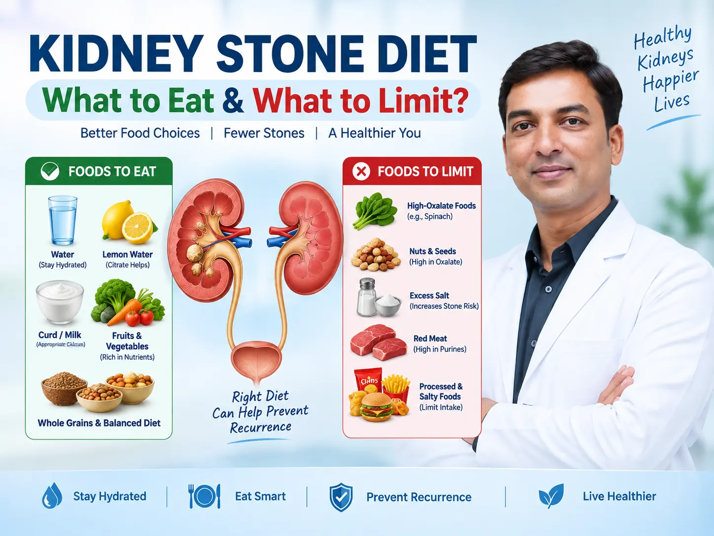 Doctor explaining kidney stone prevention diet and follow-up care to a patient
