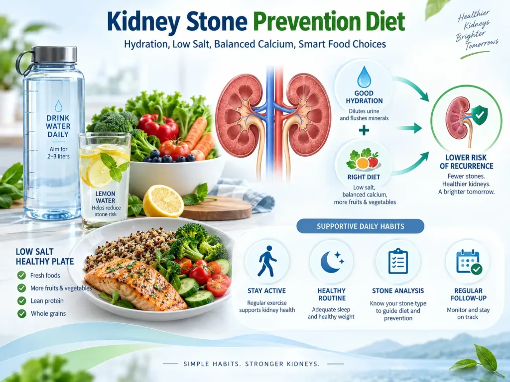 Kidney stone prevention diet showing hydration, low-salt foods, balanced meals, and healthy lifestyle habits