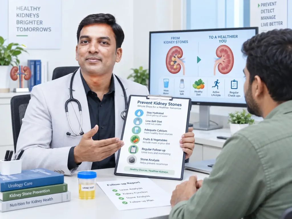 Doctor explaining kidney stone prevention diet and follow-up care to a patient