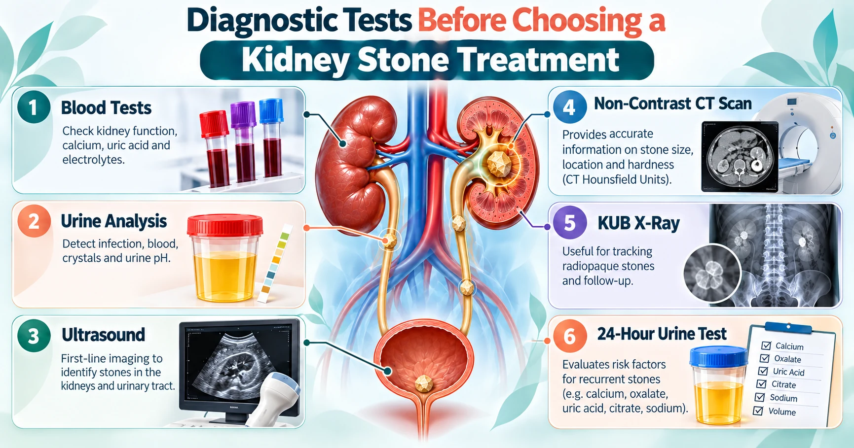 Diagnostic tests before choosing kidney stone treatment, including blood tests, urine analysis, ultrasound, non-contrast CT scan, KUB X-ray, and 24-hour urine testing.