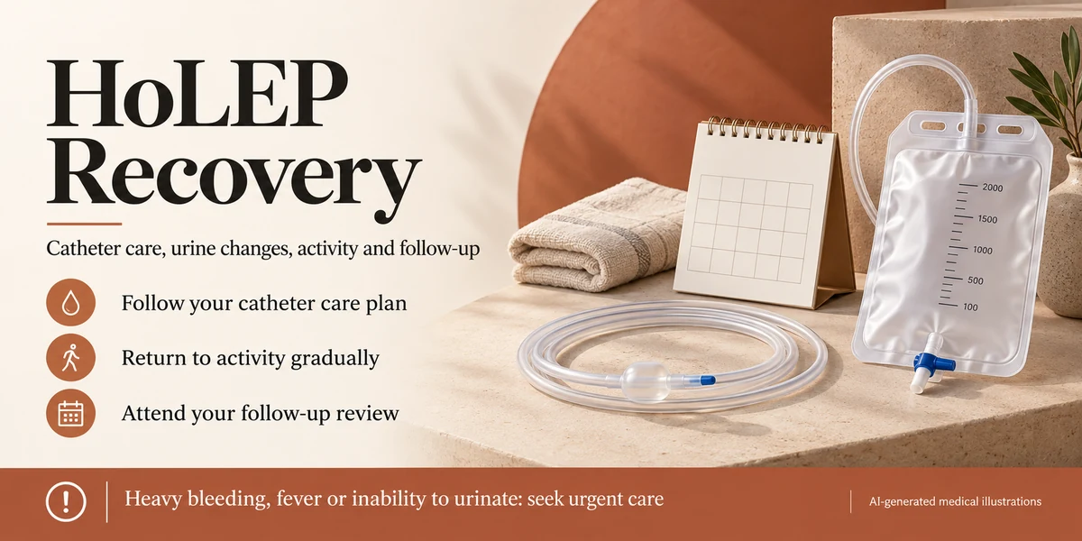 Urinary drainage equipment and calendar beside HoLEP recovery guidance on catheter care, gradual activity, follow-up and urgent warning signs.