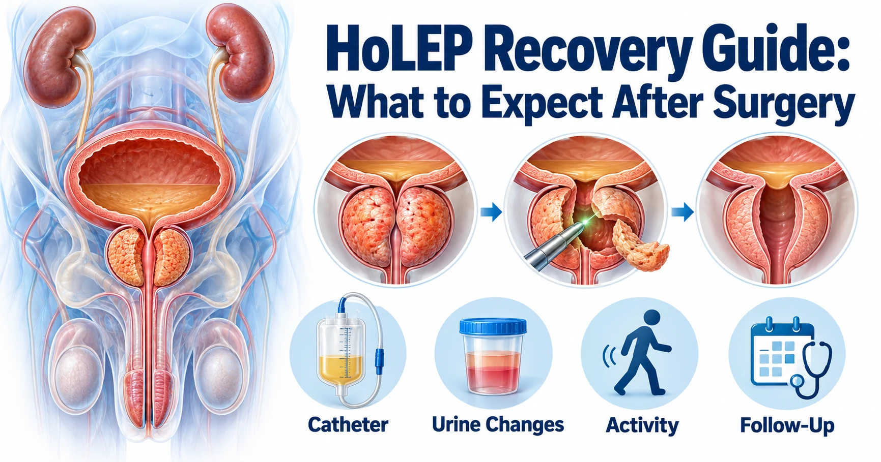 HoLEP recovery guide showing prostate treatment, catheter care, urine changes, activity and follow-up after surgery.