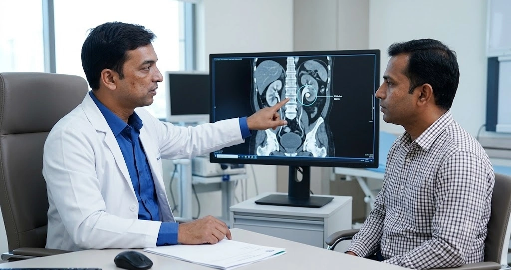 Dr Prakash Sankapal reviewing a kidney stone scan during a urology consultation in Navi Mumbai