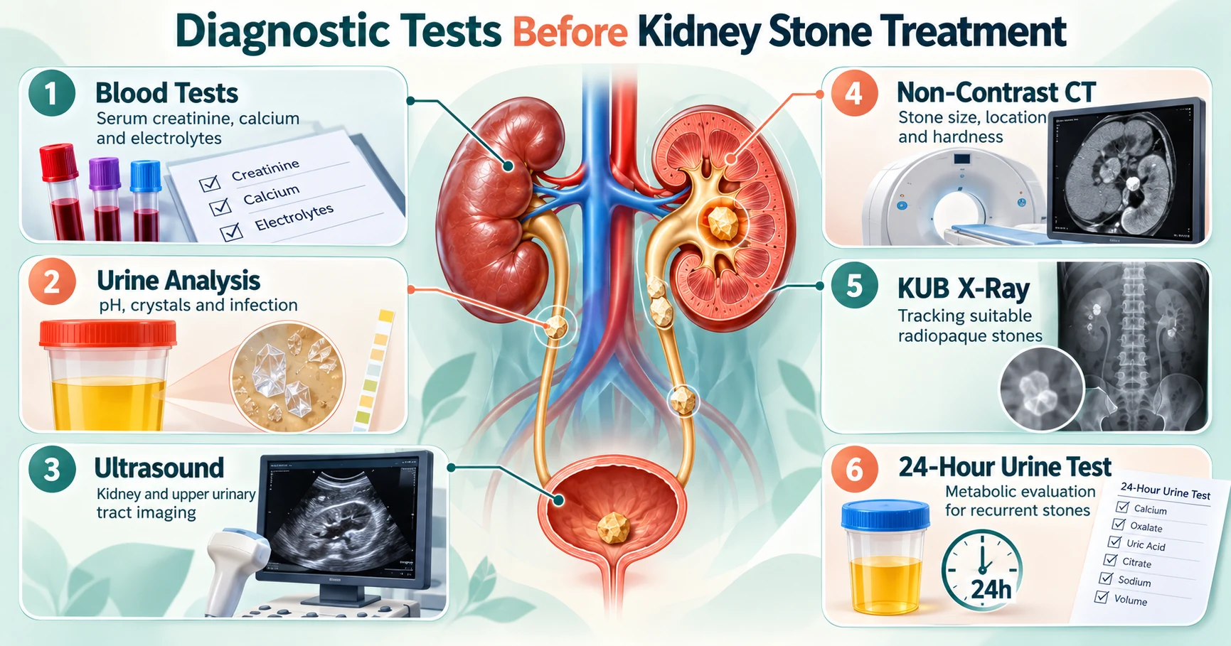 Diagnostic tests before kidney stone treatment showing blood tests, urine analysis, ultrasound, non-contrast CT, KUB X-ray and 24-hour urine evaluation.