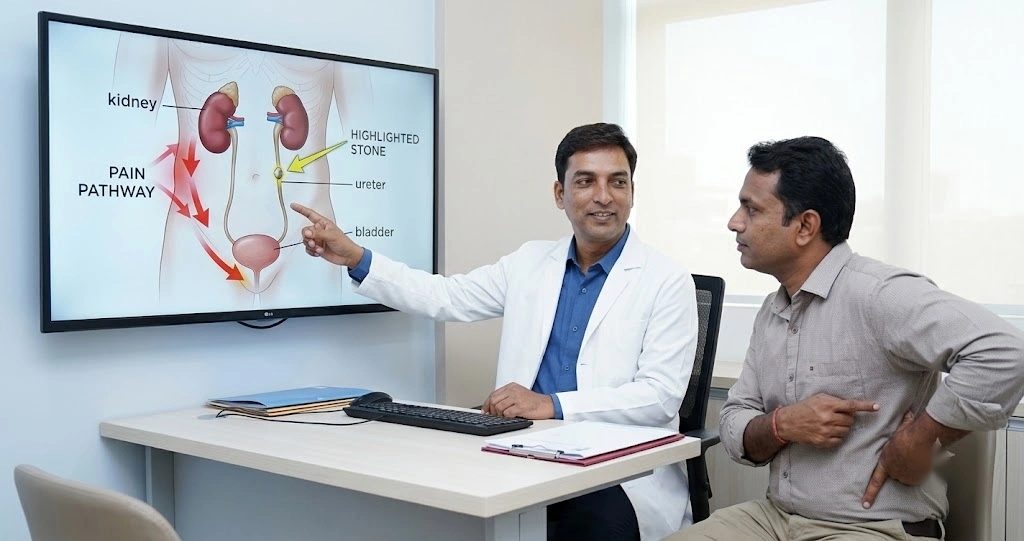 Urologist explaining where kidney stone pain starts and spreads from the flank toward the lower abdomen and groin