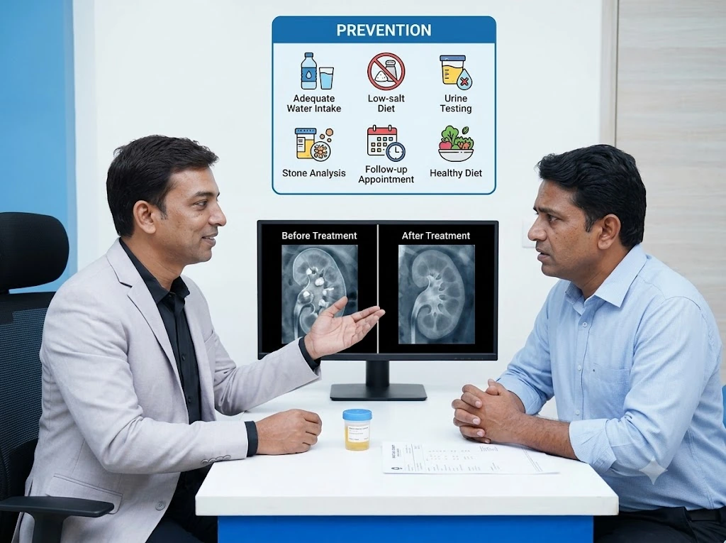 Doctor discussing kidney stone treatment results and prevention strategies, including hydration, diet, urine testing, stone analysis and follow-up care. Urologist explaining kidney stone treatment and recurrence prevention