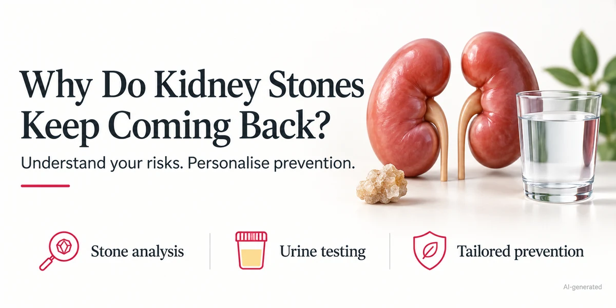 Kidney models, a stone and a glass of water, with labels highlighting stone analysis, urine testing and personalised prevention.