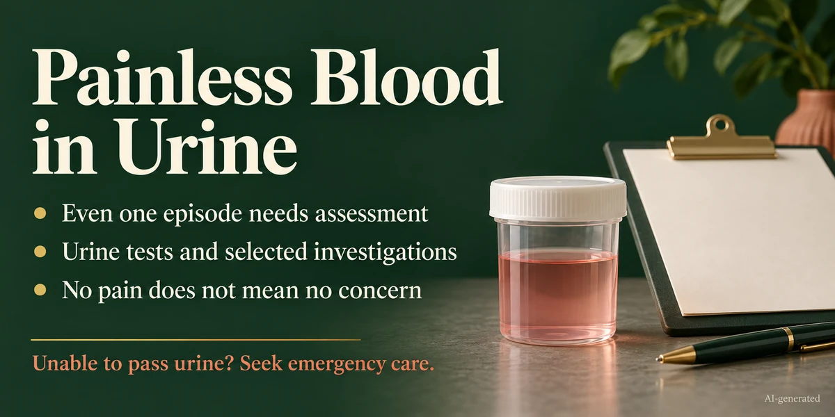 Urine sample container beside information about painless urinary bleeding, medical assessment and emergency warning sign