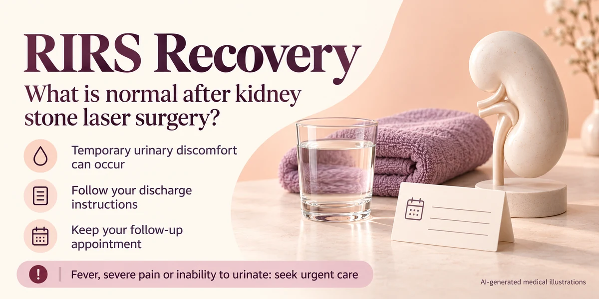 Kidney model, water glass and appointment card beside RIRS recovery advice, follow-up reminders and urgent warning signs.