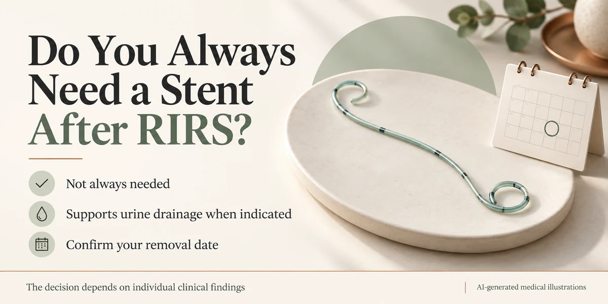 Double-J ureteric stent beside a calendar, with information about selective use after RIRS, urine drainage and planned removal.