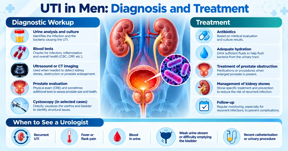 UTI in men diagnosis and treatment including urine tests, imaging, antibiotics and when to see a urologist