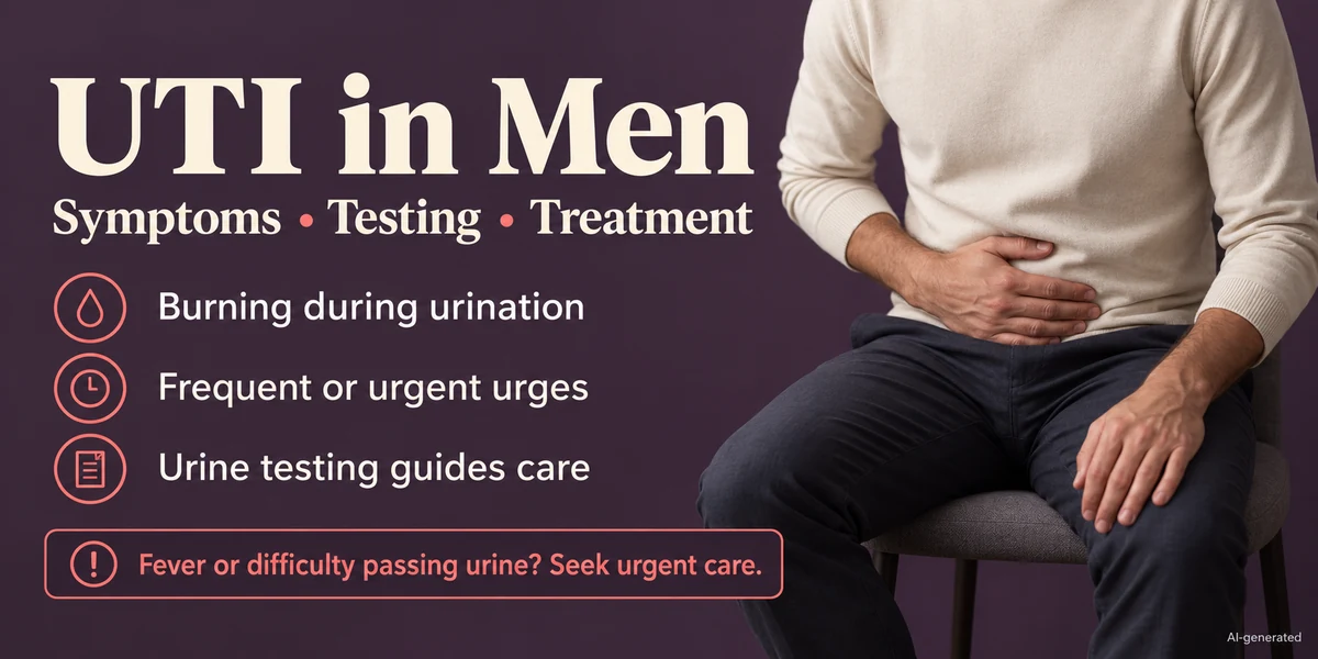 Seated man holding his lower abdomen beside information about UTI symptoms, urine testing and urgent warning signs.