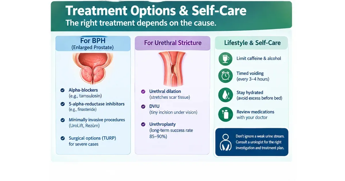 1. Treatment options for weak urine stream caused by BPH and urethral stricture