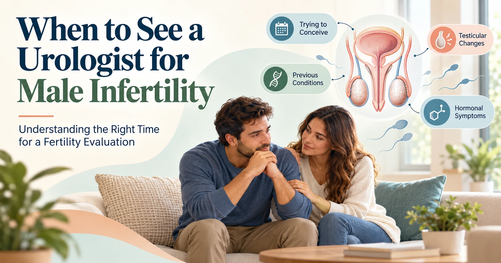 Couple discussing fertility concerns with male reproductive health illustration and signs for when to see a urologist for male infertility.