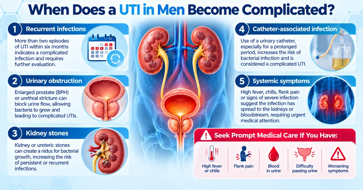 Complicated UTI in men caused by recurrent infections, urinary obstruction, kidney stones, catheter use and systemic symptoms