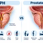 Urologist explaining the difference between BPH and prostate cancer to an older male patient in a clinic using a comparison screen