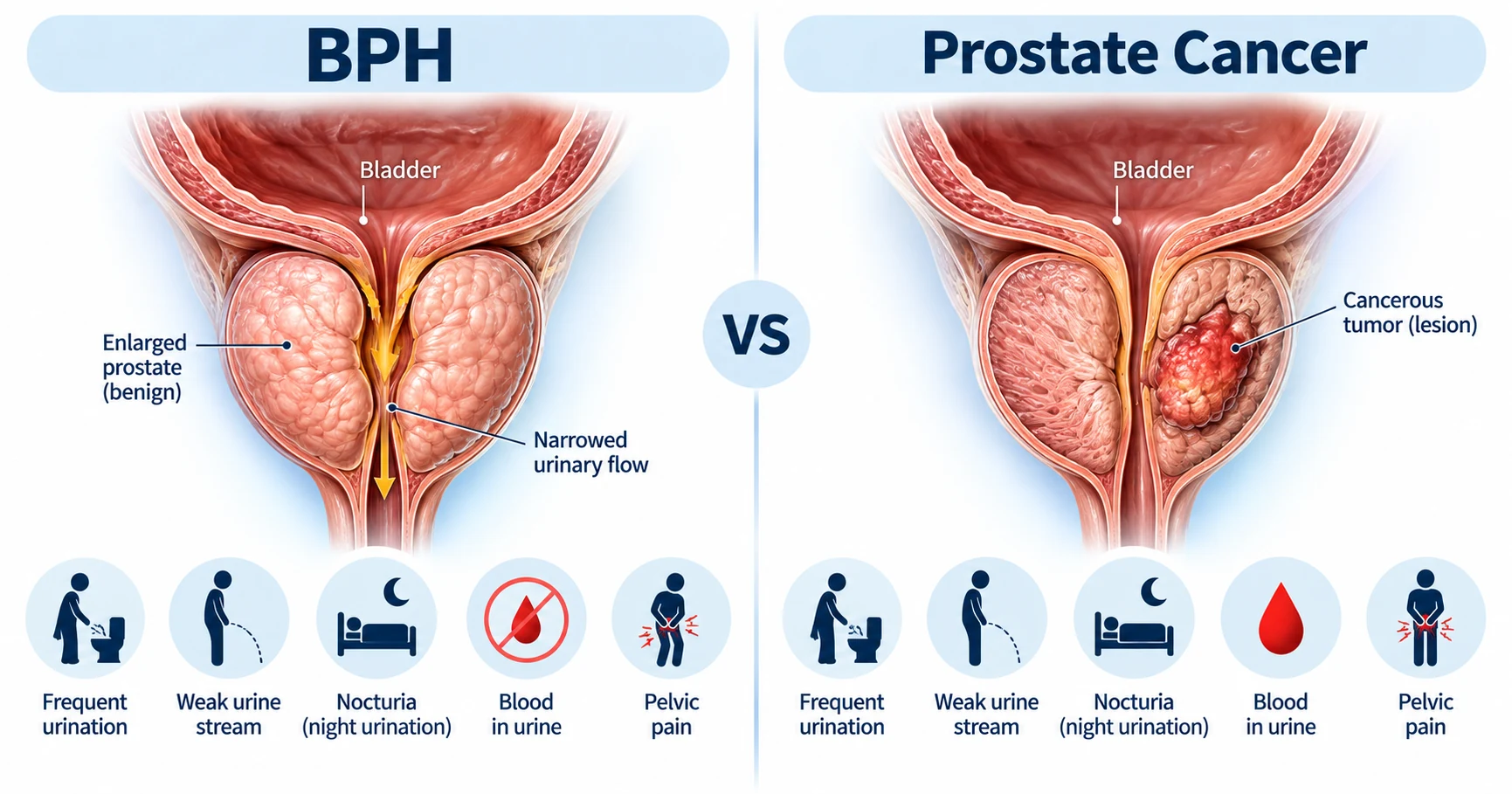 Urologist explaining the difference between BPH and prostate cancer to an older male patient in a clinic using a comparison screen