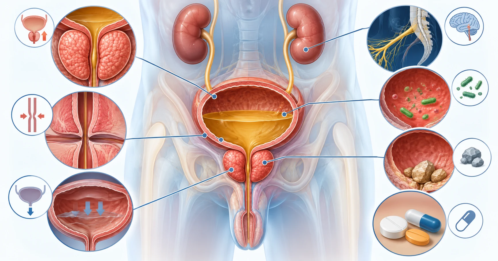 Common symptoms of incomplete bladder emptying in men including weak urine stream, frequent urination, nocturia and bladder discomfort