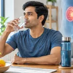 Man drinking water with kidney illustration showing hydration for kidney stone prevention