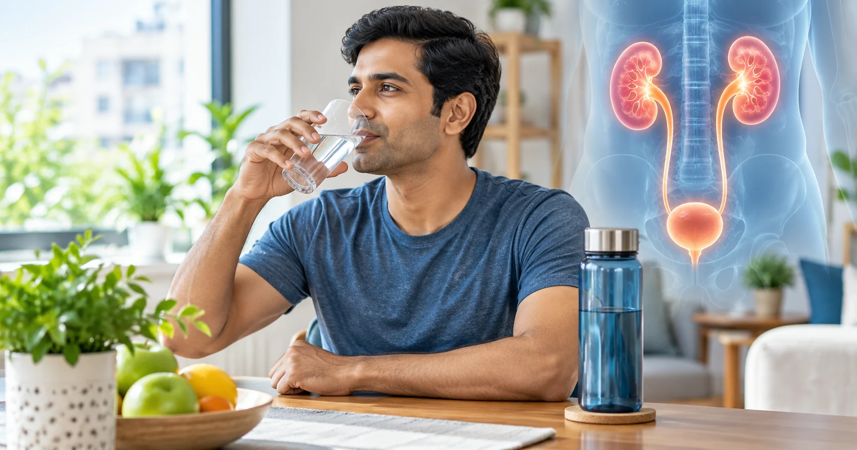 Man drinking water with kidney illustration showing hydration for kidney stone prevention