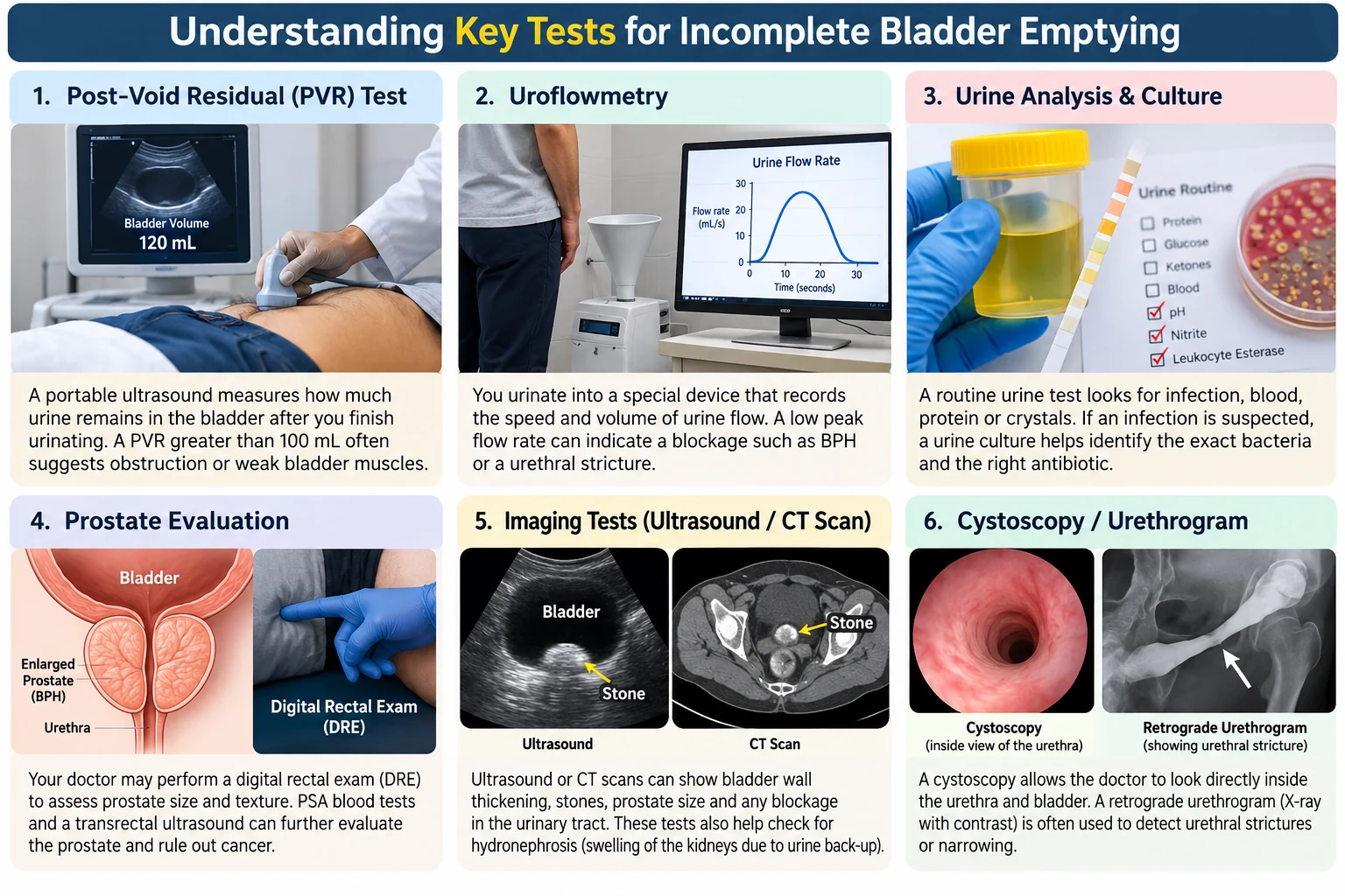 Diagnostic tests for incomplete bladder emptying including PVR bladder scan, uroflowmetry, urine analysis, prostate evaluation, imaging and cystoscopy