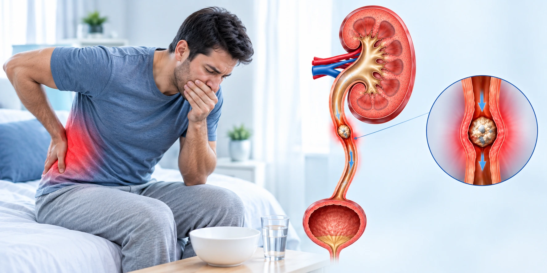 Man experiencing severe kidney stone pain and nausea while a kidney and ureter illustration shows a stone obstructing urine flow.