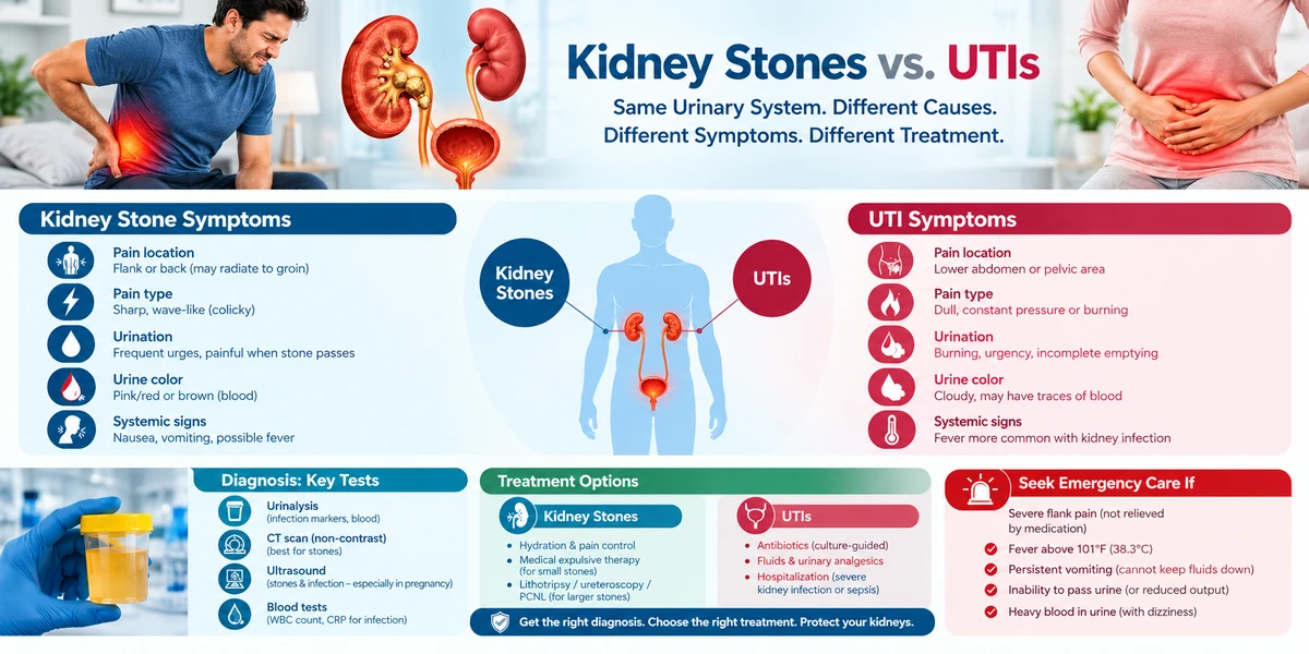 Kidney stones vs UTI symptoms showing flank pain, urinary burning, blood in urine, cloudy urine, nausea, and fever.