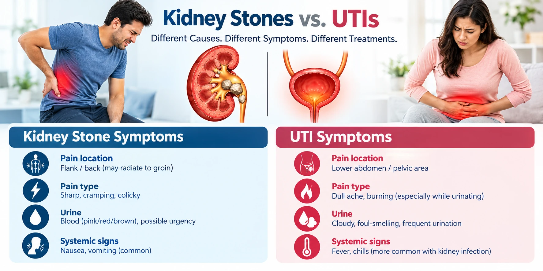 Kidney stones vs UTI symptoms showing flank pain, burning urination, blood in urine, urinary frequency and pelvic pain